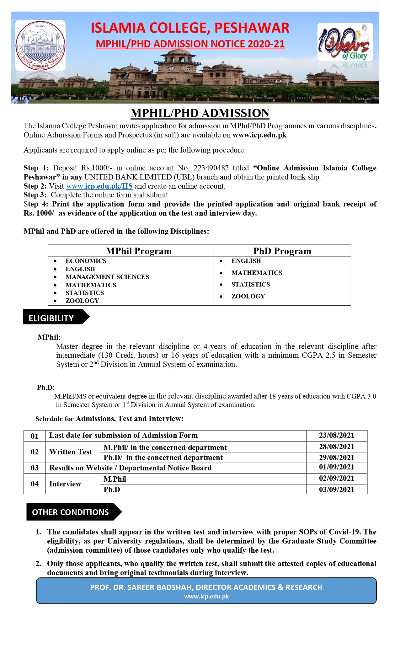 IC Peshawar MPhil PhD Admission 2021 Registration Online Test Schedule
