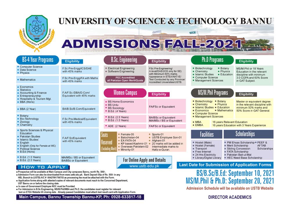 UST Bannu admission 2021 ETEA Registration Forms