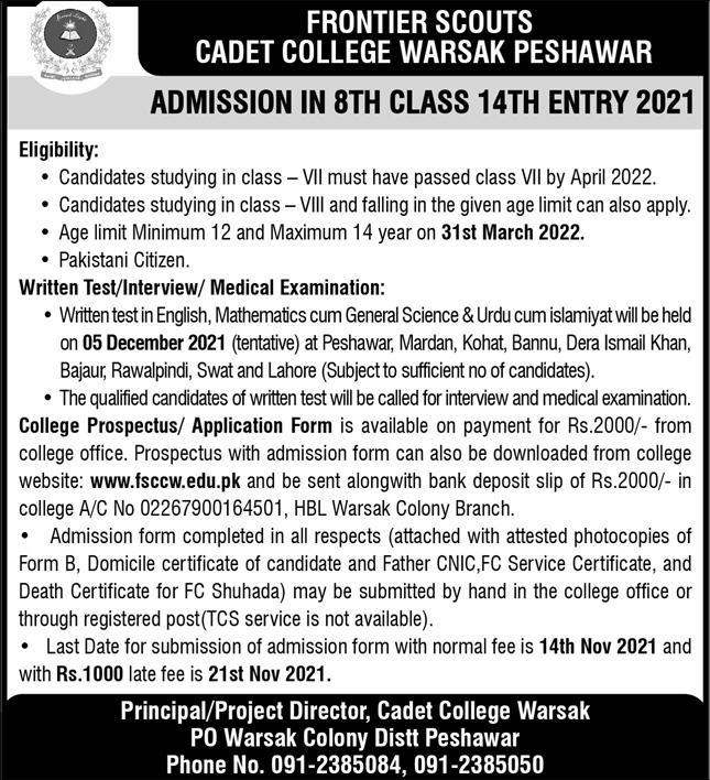 Cadet College Warsak Admission 2021 for 8th Class Online forms