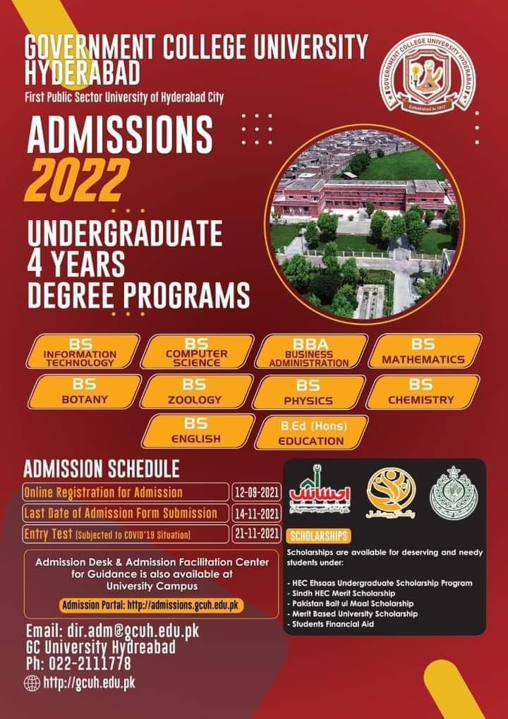 GC University Hyderabad BS Programs Admission 2021 Online Form Entry Test Date