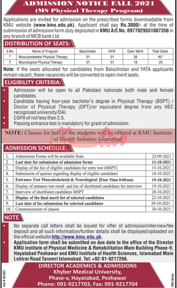 KMU MS Physical Therapy Admission 2021 Registration Online Last Test Dates