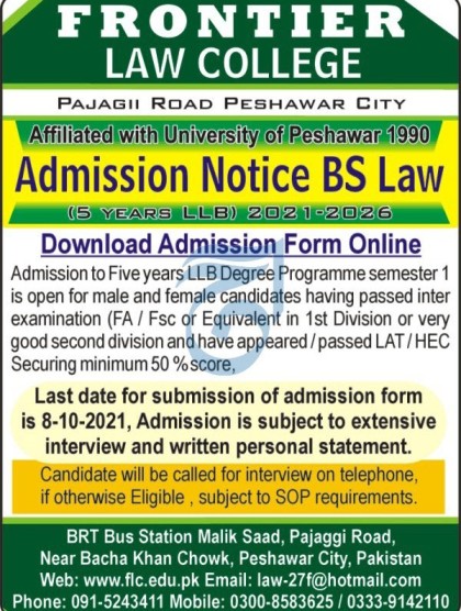 Peshawar Frontier Law College Admission 2021 Admission Form Last Test Dates