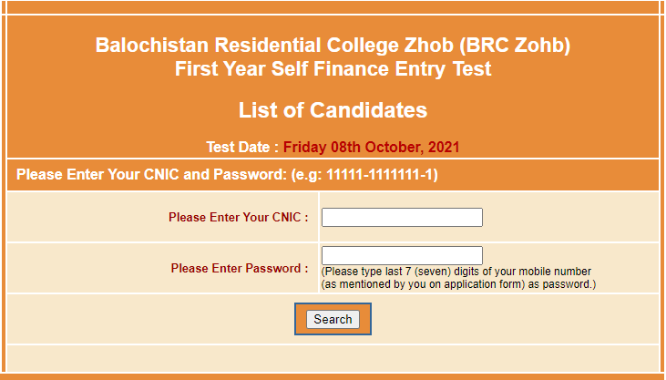 BRC Zhob NTS Entry Test Result 2021 