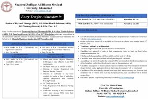 SZABMU DPT BS Nursing Admission 2021 Apply Online Test Date