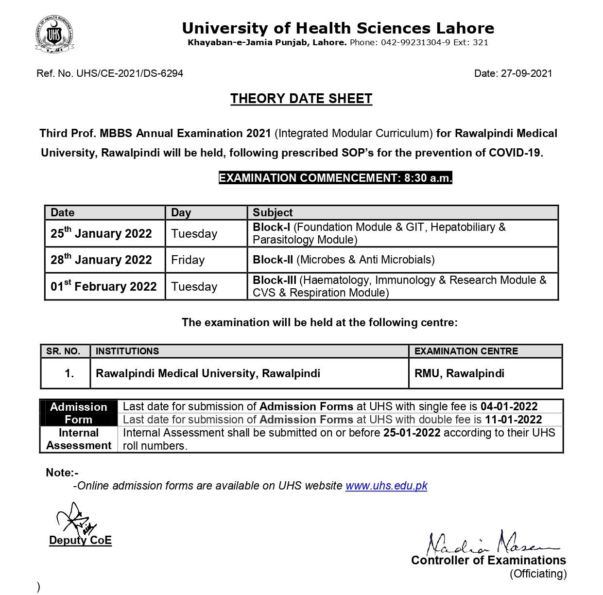 UHS MBBS BDS Exams Date Sheet 2021 Download Online