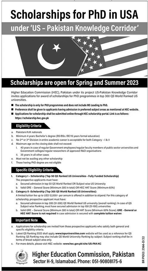 HEC Pakistan PhD Scholarship 2023 In US Apply Online Last Date