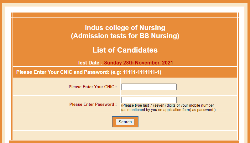 Indus College BS Nursing Test NTS Roll No Slip 2021 Test Date 