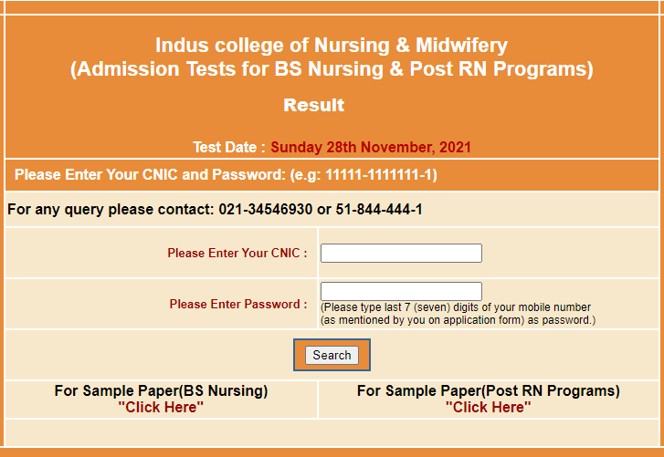 Indus College of Nursing Admission Test NTS Result 2021