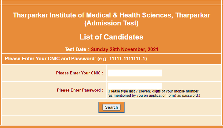 Tharparkar Institute of Medical and Health Sciences Admission NTS Roll no slip