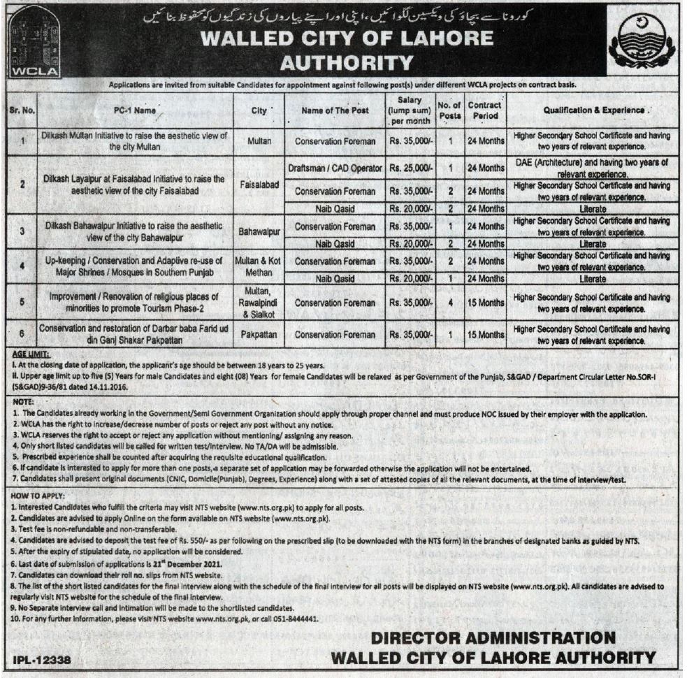 Walled City of Lahore NTS Jobs 2021 Application Form 