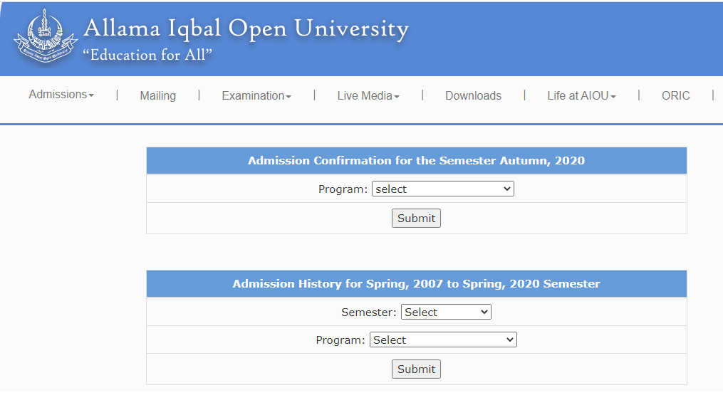 AIOU Admission Confirmation 2023 Online By Name and Roll No