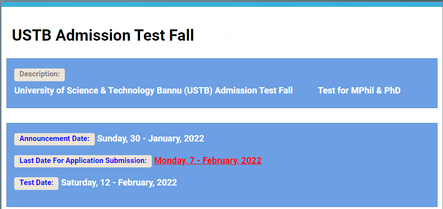 USTB Admission NTS Form 2022 Last Test Date Roll No Slip