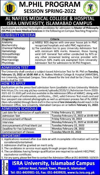ISRA University Admission 2022 Online Form Entry Test Date