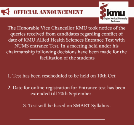 KMU Allied Health Science ETEA Entrance Test 2024 Online Registration Test Dates Roll No Slips