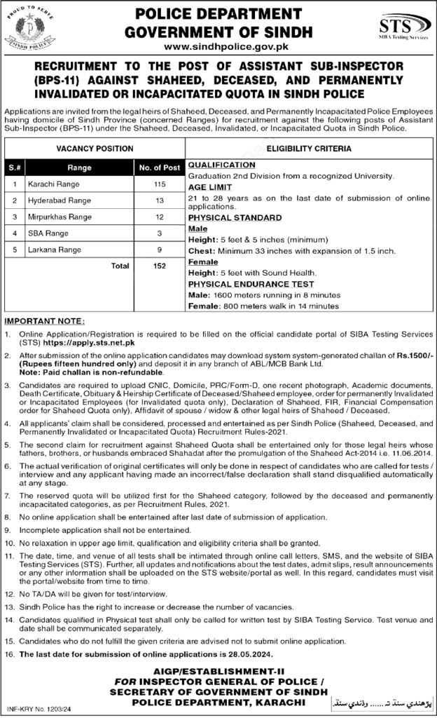 STS Sindh Police ASI Jobs 2024 Online Application Form Last Test Date