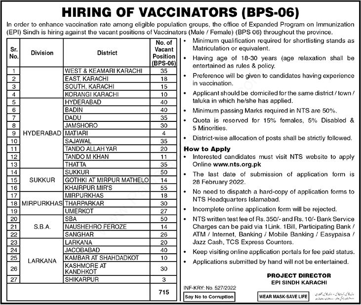 Sindh Health Department Vaccinator NTS Jobs 2023 Online Forms Roll No Slip