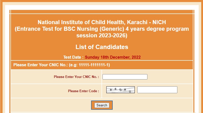 National Institute of Child Health Karachi Admission 2024 NTS Roll No Slip