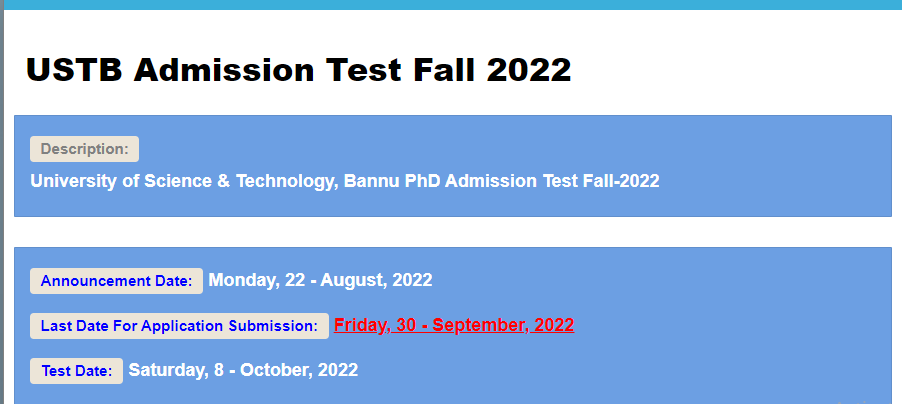 USTB Admission Test NTS Registration Form