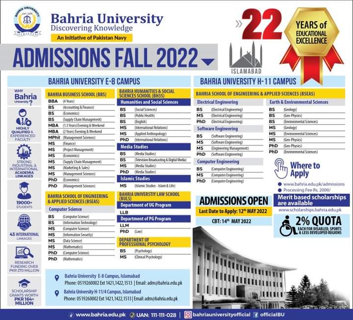Bahria University Lahore Admission 2023 Apply Online Last Date