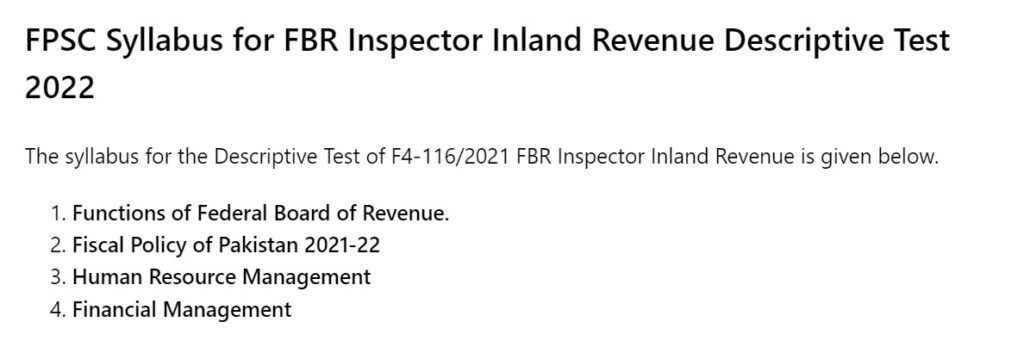 FPSC Syllabus for FBR Inspector Inland revenue Descriptive test 2023
