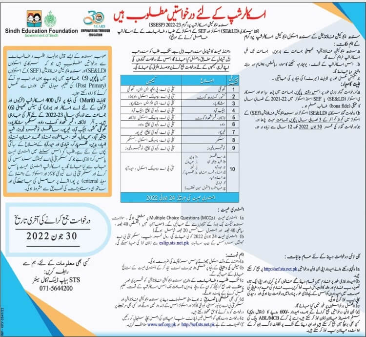 Sindh Education Foundation Scholarship 2022 Apply Online