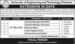 UET Peshawar PESCO Jobs 2022 Apply Online Last Test Date