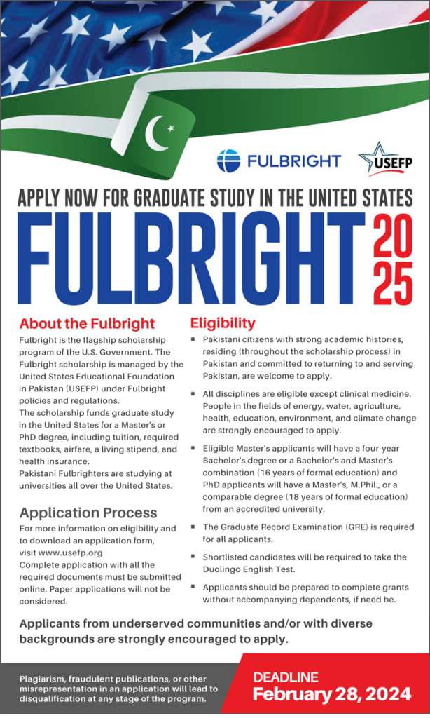 USEFP Fulbright Scholarship Program 2025 For Pakistan Apply Online