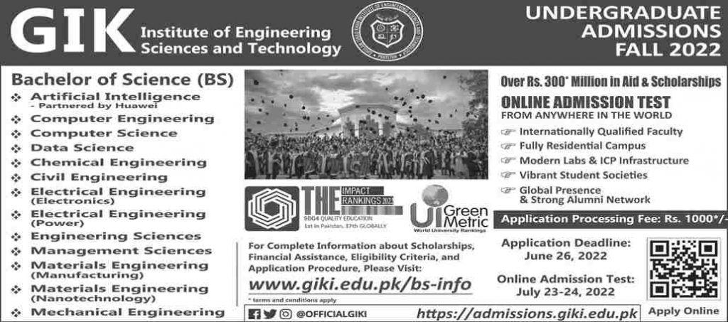 GIKI Admission 2024 Apply Online Entry Test Schedule