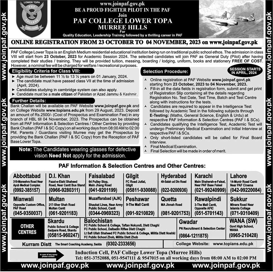 PAF College Lower Topa Admission 8th Class 2024 Online Forms Entry Test Dates Result Merit List