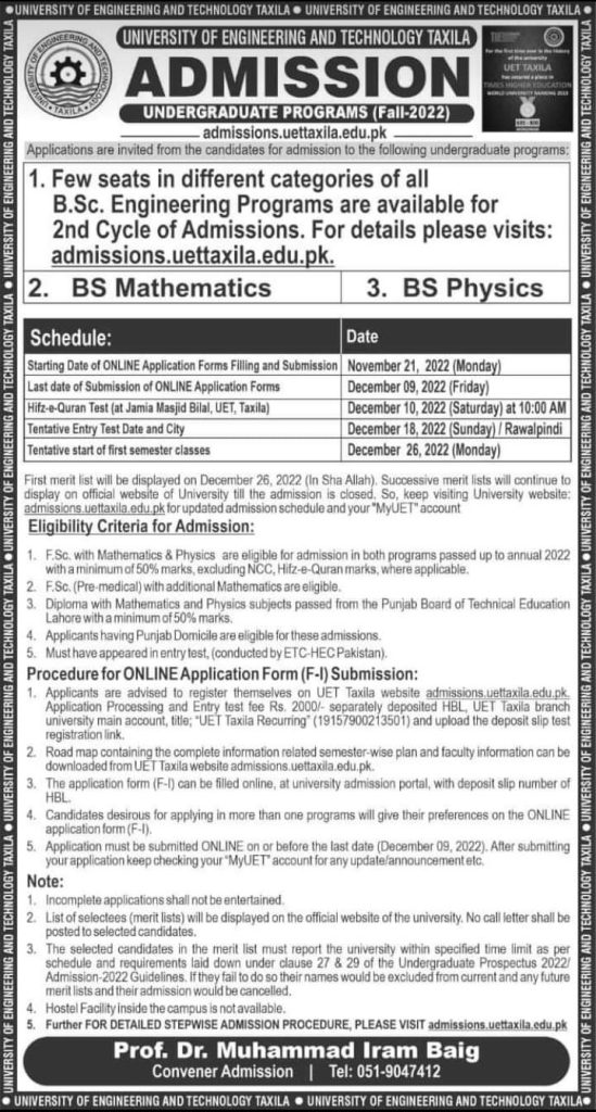 UET Taxila Undergraduate Admission 2024 Apply Online Entry Test Schedule