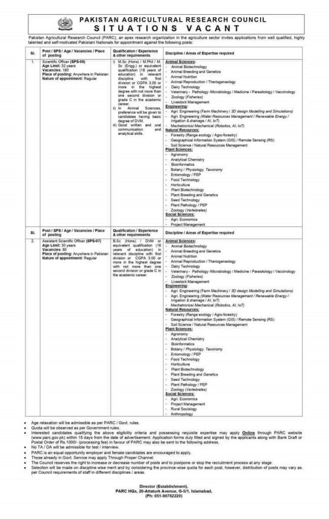 Pakistan Agricultural Research Council PARC Jobs 2024 Apply Online
