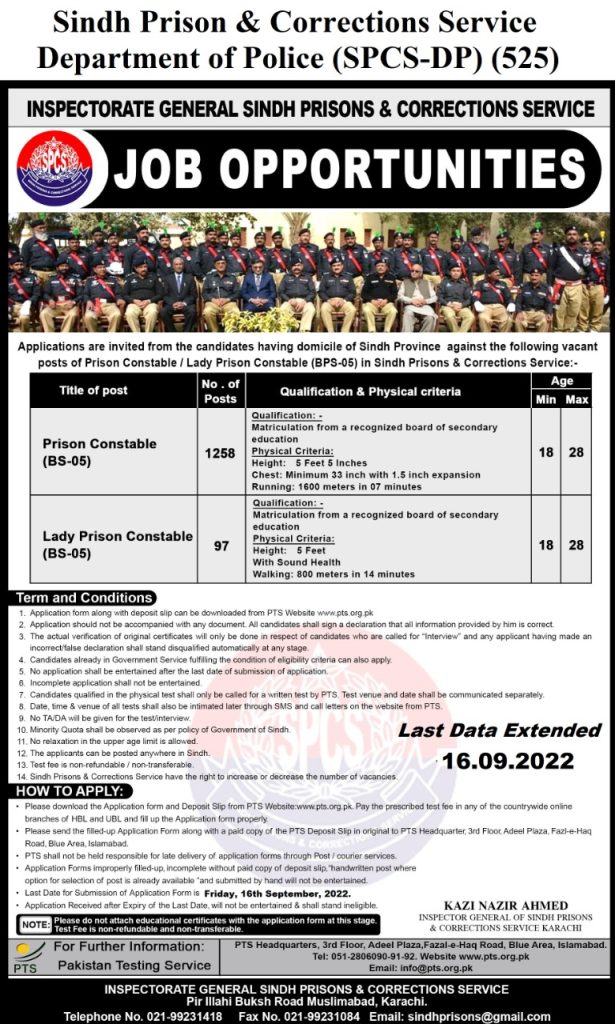Sindh Police Prison Department PTS Jobs 2022 Application Form Roll No Slips