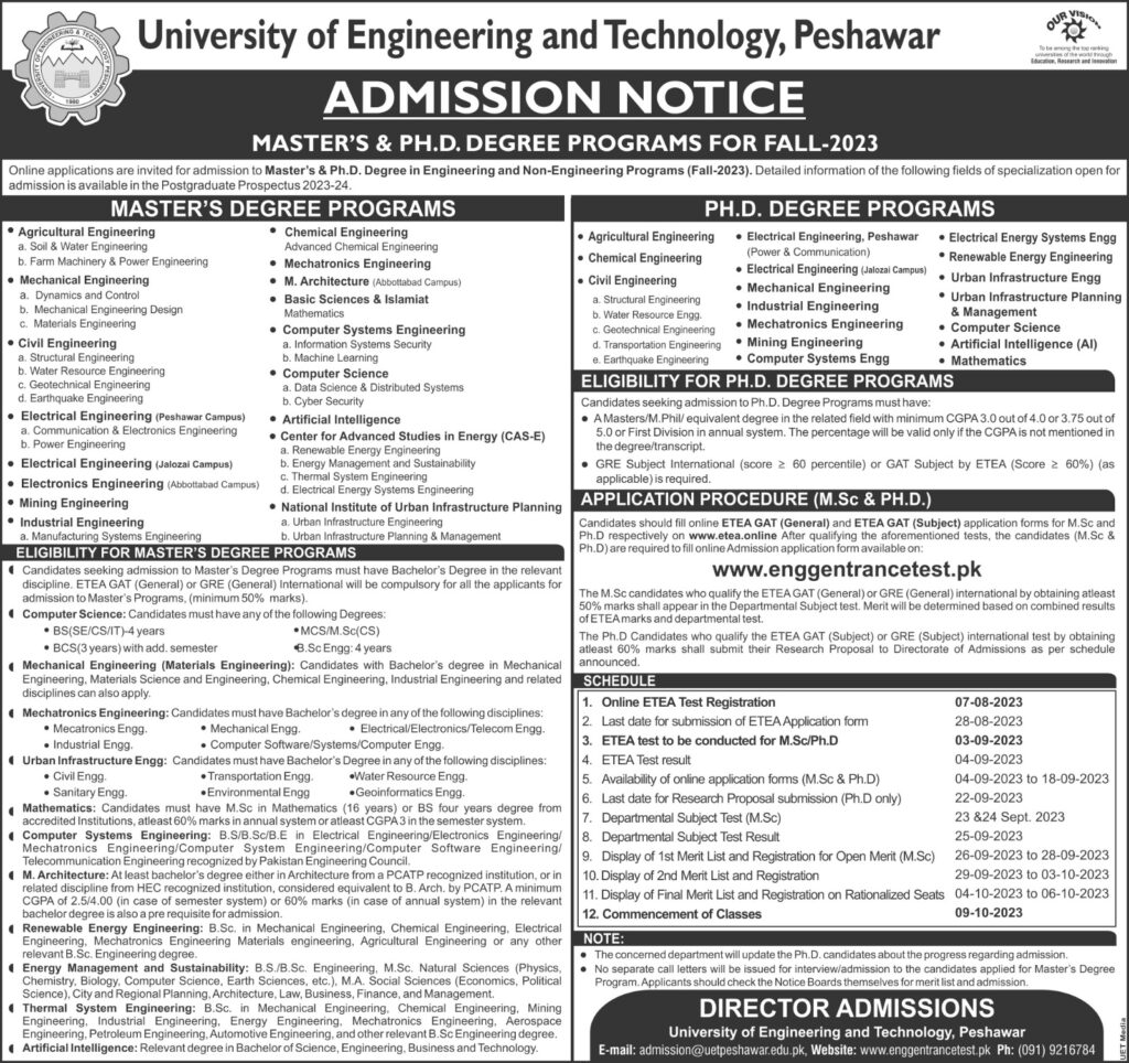 UET Peshawar Admission ETEA Test Schedule 2023 Online Apply