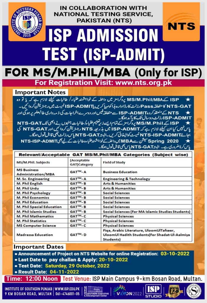 ISP Multan Admission 2023 Apply Online NTS Test Schedule Syllabus