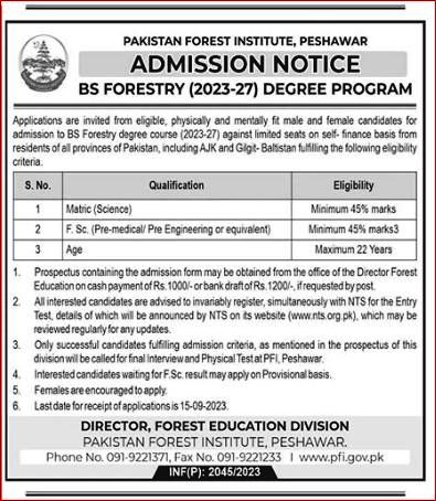 Pakistan Forest Institute BSc Admission 2024 NTS Application Form Roll No Slips