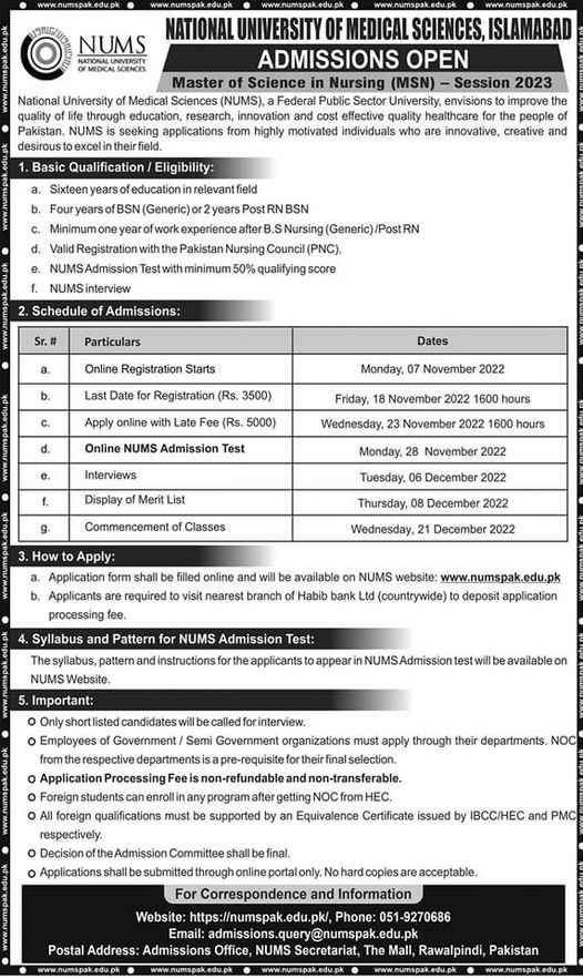 NUMS Islamabad MSN Admission 2023 Apply Online Last Date