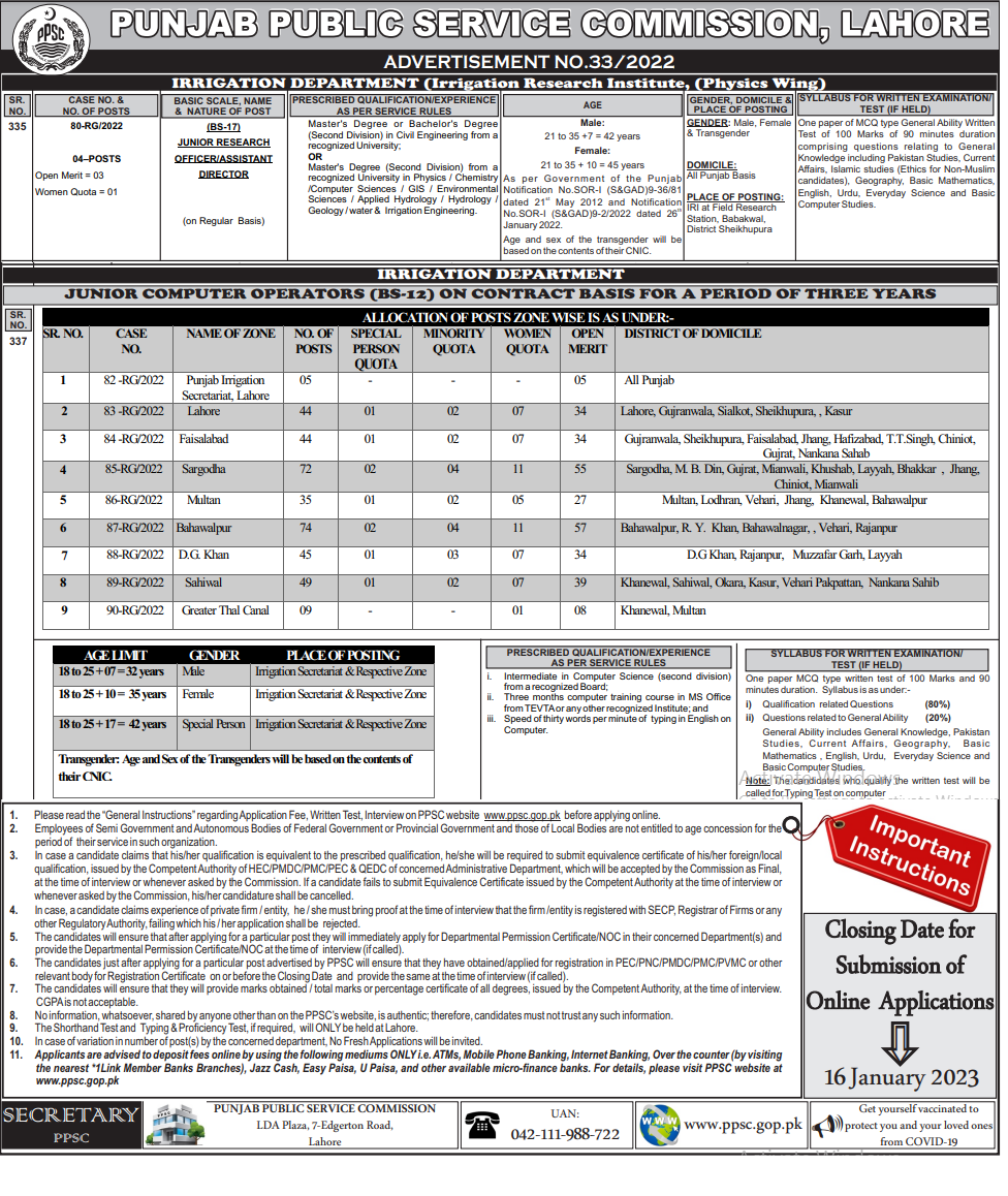 Punjab Irrigation Department Test PPSC Roll No Slip 2023