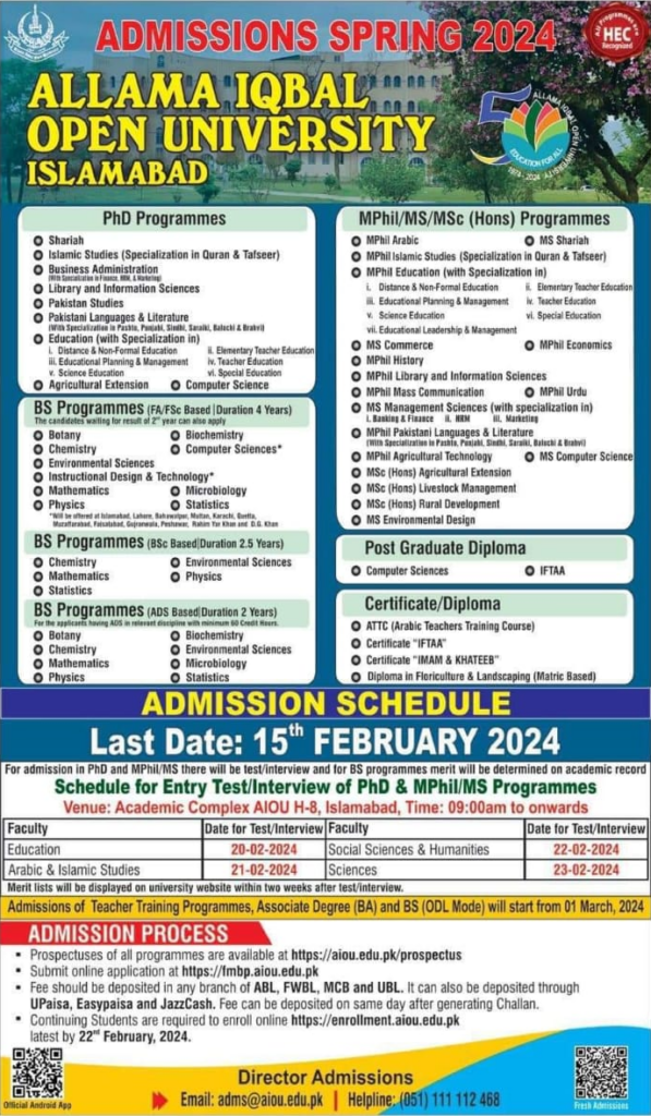AIOU Admission 2024 Spring For Matric Inter BA MA Apply Online