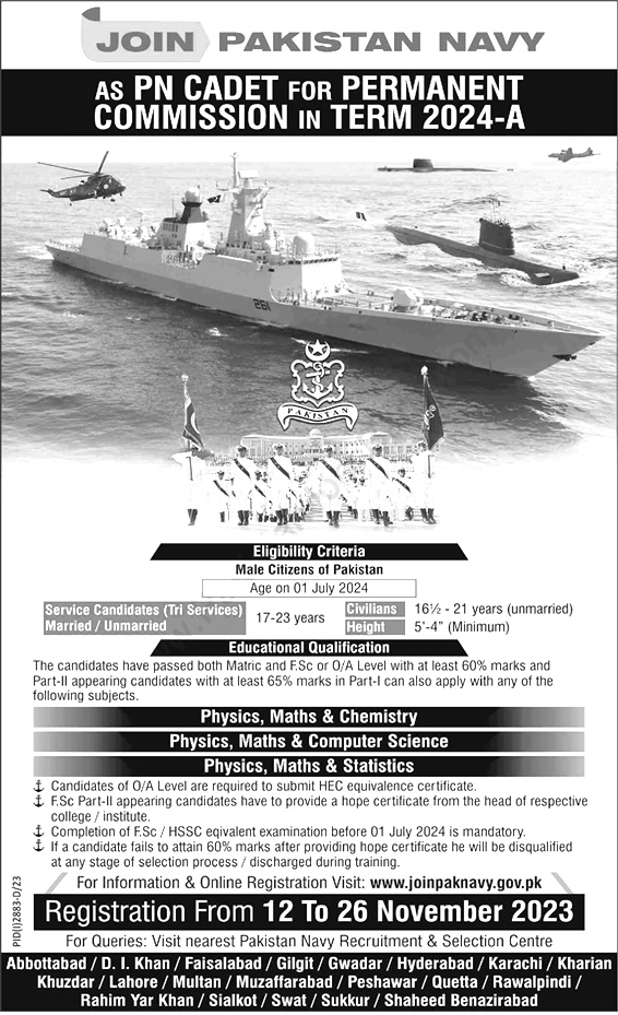 Join Pak Navy as PN Cadet 2024-A Registration Online Test Schedule 
