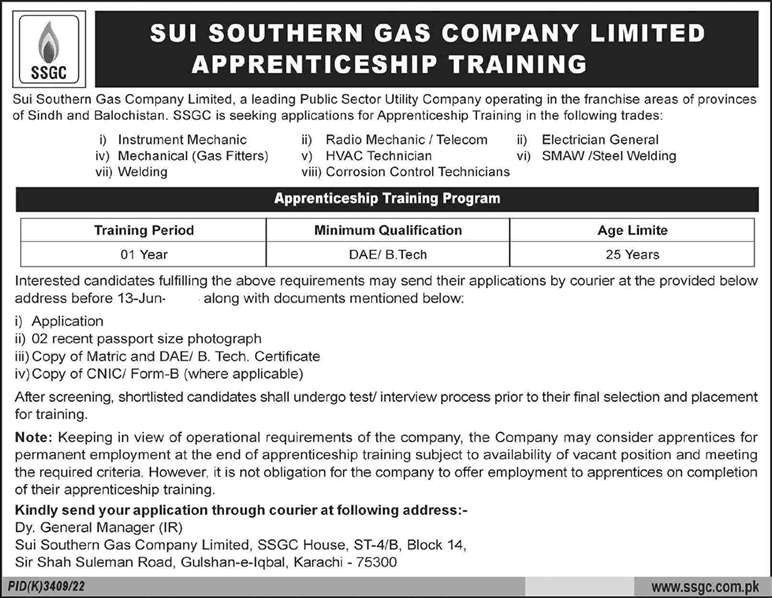 SSGC Apprenticeship Program 2024 Registration Online