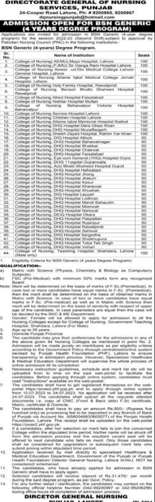 BSc Nursing Colleges Admission 2024 in Pakistan Last Test Dates Fee Structure