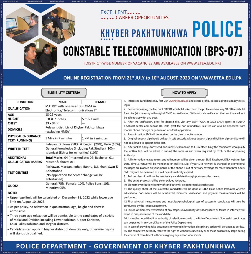 KPK Police Constable Telecommunication Jobs 2024 ETEA Apply Online