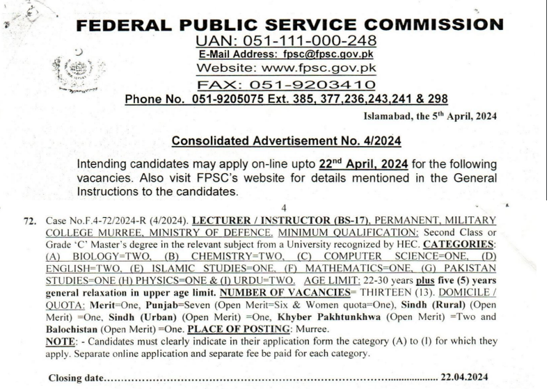FPSC Advertisement 04/2024 pdf