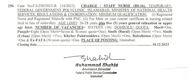 FPSC Staff Nurse Jobs 2024 Online Apply Last Date