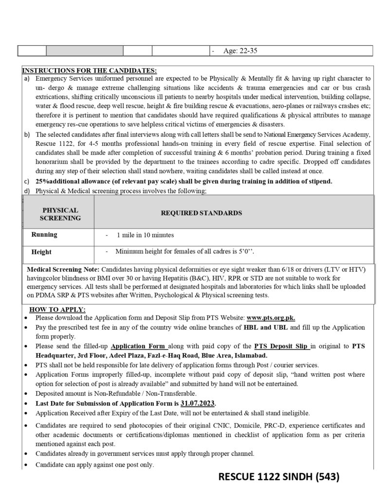 Rescue 1122 Sindh PTS Jobs 2024 Apply Online Last Test Date