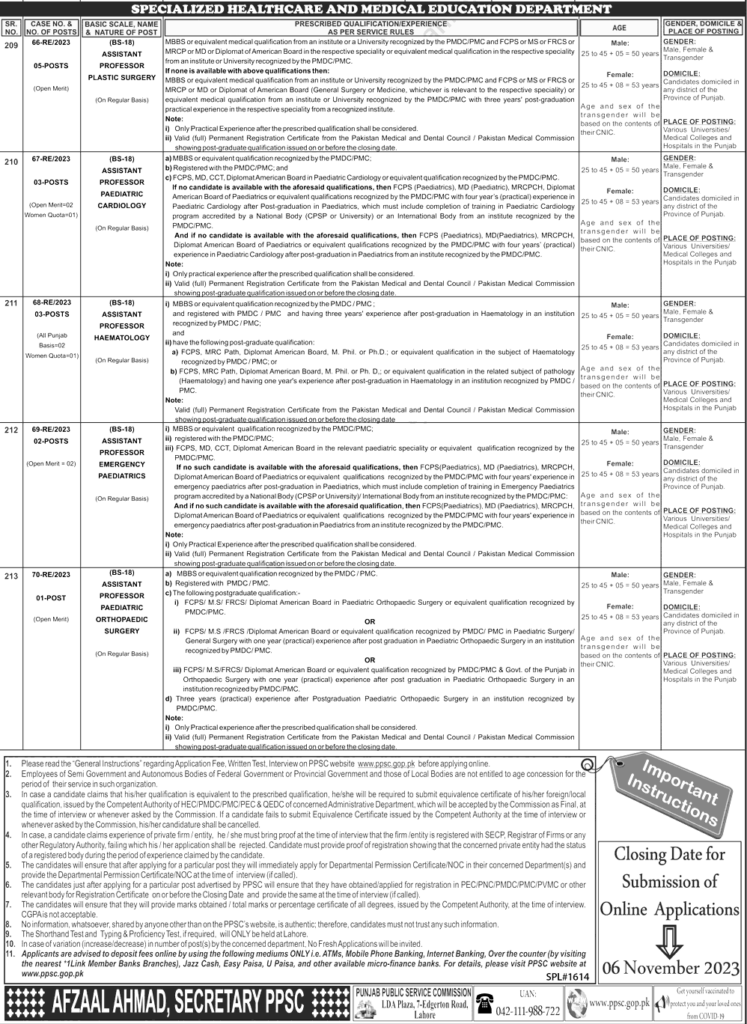 PPSC Specialized Healthcare & Medical Education Jobs 2023 Apply Online