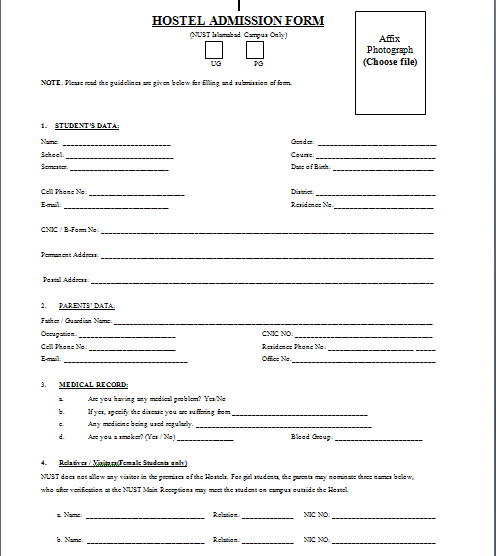 Hostel Admission Form Pdf Download Online IIUI, UOS, NUST, NUMS