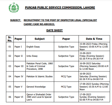 Inspector Legal PPSC Roll No Slip 2023 Test Date Syllabus