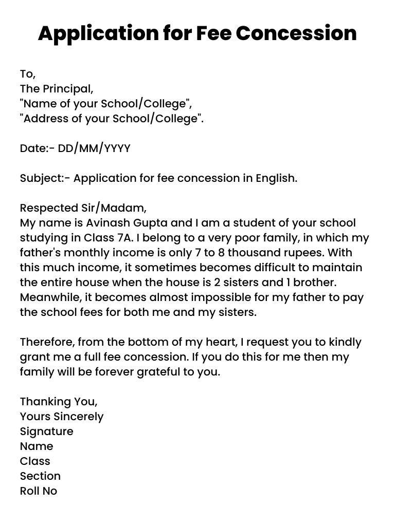 Letter To Principal For Fee Concession Due To Financial Problems