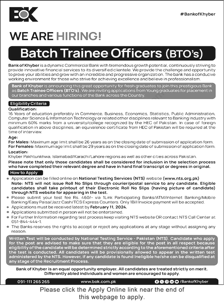 BOK Batch Trainee Officers NTS Jobs 2024 Apply Online Last Date